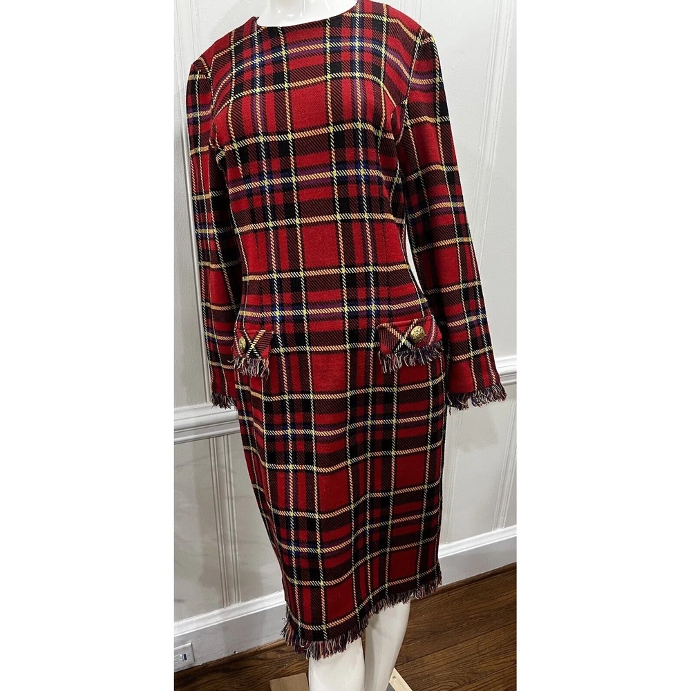 Vintage Joan Leslie Red Plaid Print  Fringe Dress L